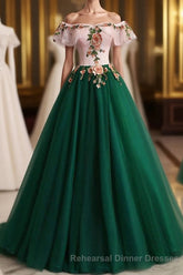 Green Off the Shoulder Floor Length Semi Formal Prom Dress with Appliques, Puffy Quinceanera Dress